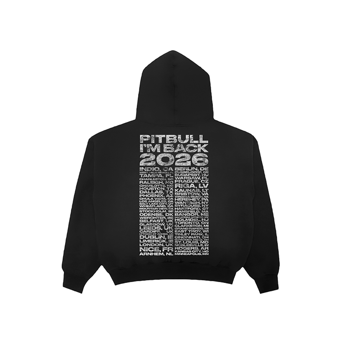 Black hoodie with Pitbull I'm Back 2026 tour dates