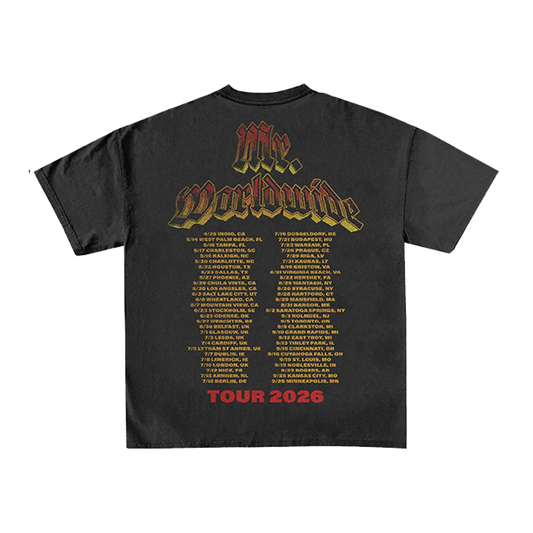 Black t-shirt with Mr. Worldwide text and 2026 tour dates