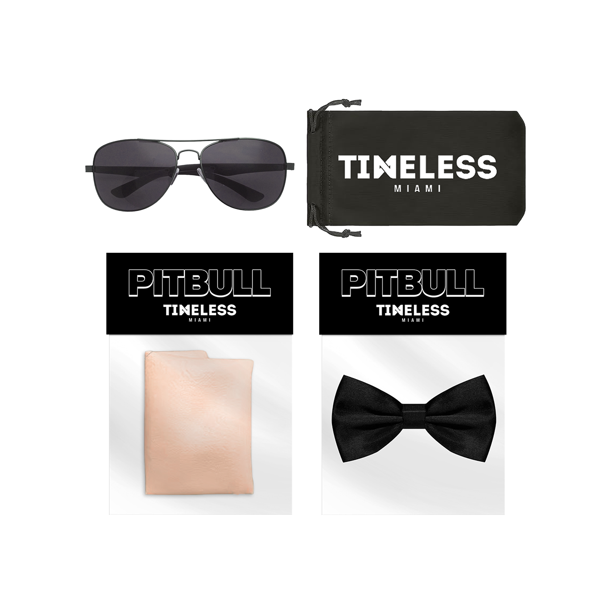 Sunglasses, black bow tie, and skin tone bald cap with 'Timeless Miami' and 'Pitbull' branding