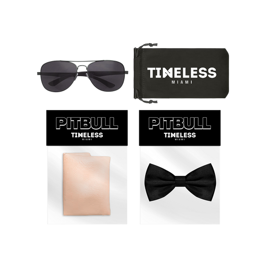 Sunglasses, black bow tie, and skin tone bald cap with 'Timeless Miami' and 'Pitbull' branding
