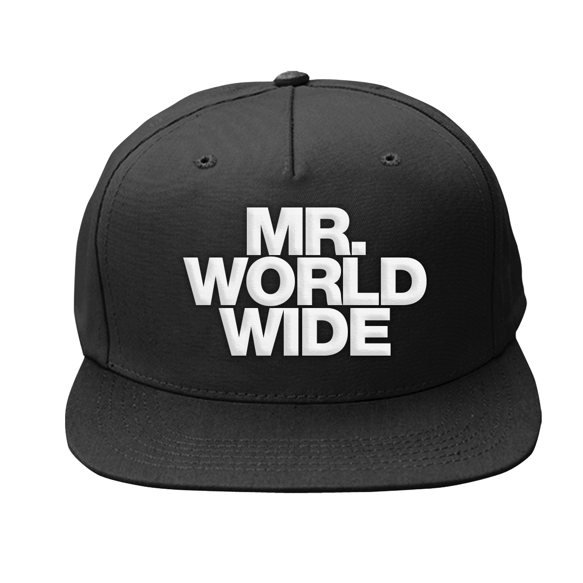 Black cap with 'MR. WORLD WIDE' text 
