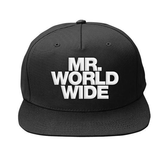Black cap with 'MR. WORLD WIDE' text 