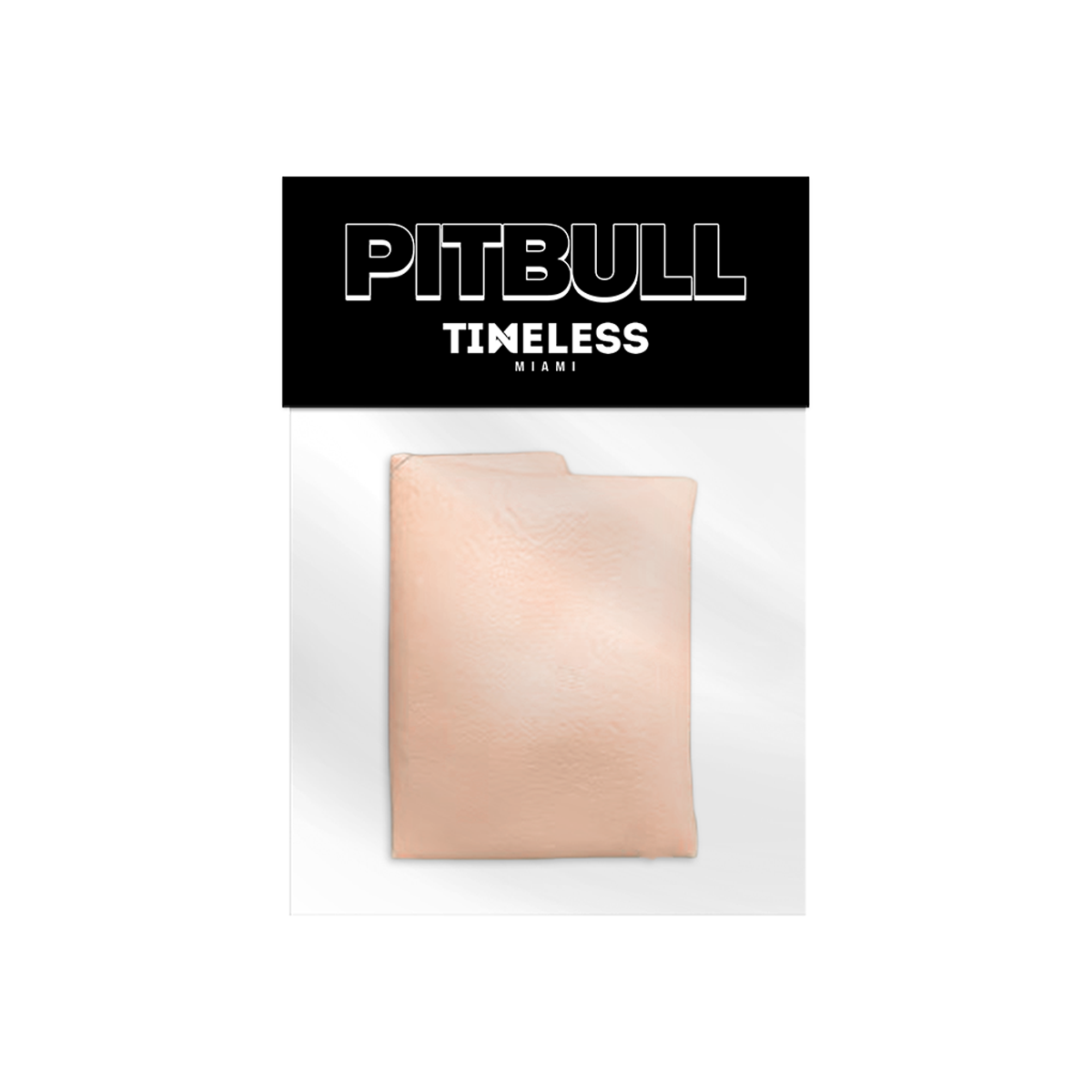 Beige bald cap in packaging with 'Pitbull Timeless Miami' branding