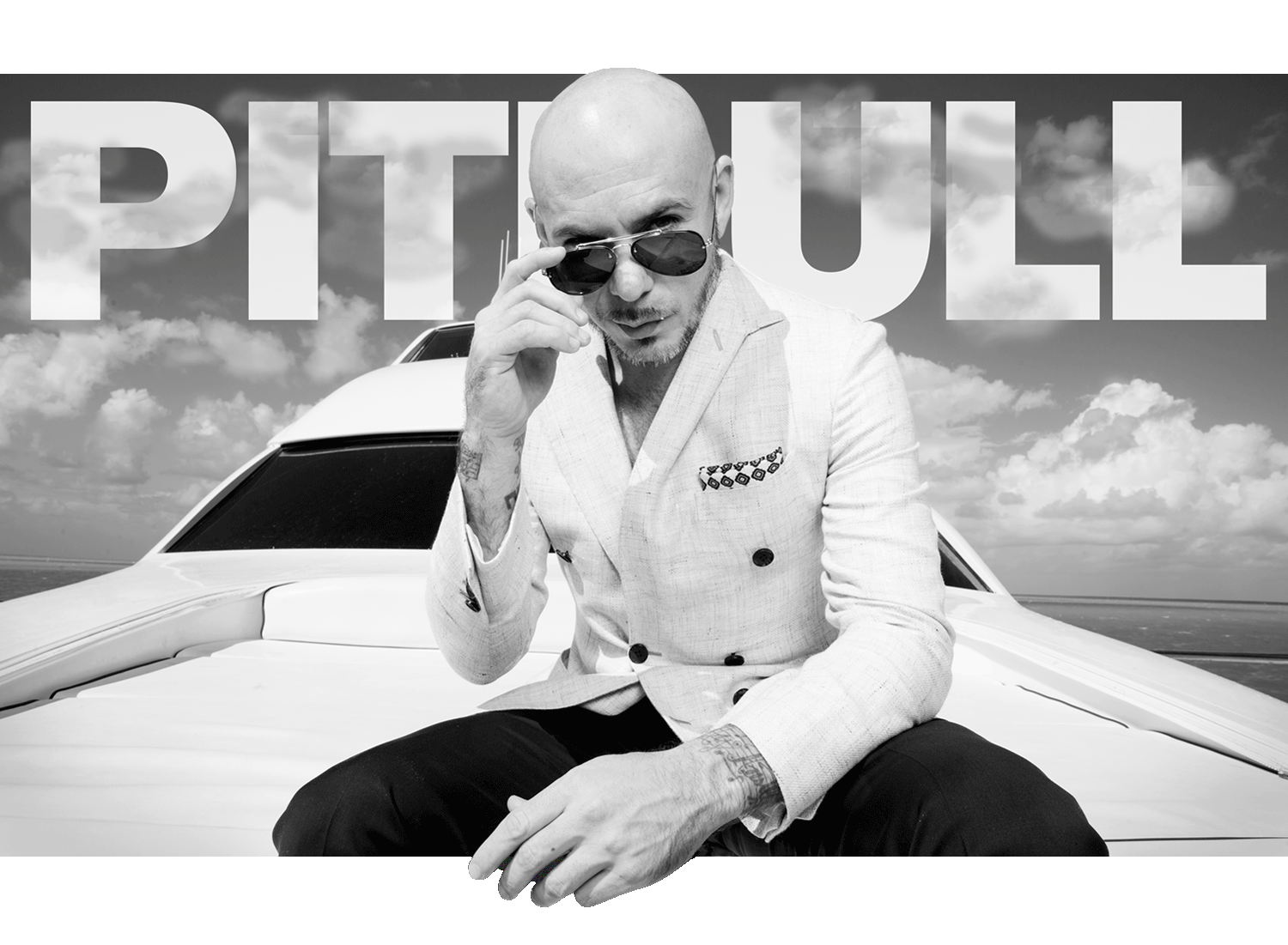 Pitbull in a white suit sitting on a car with 'Pitbull' text overlay