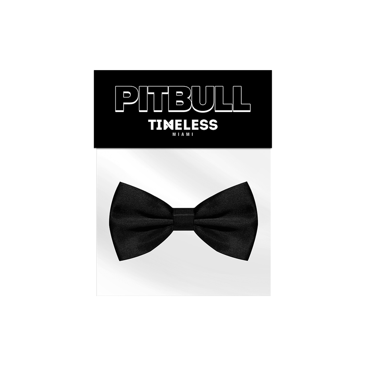Black bow tie in packaging with 'Pitbull Timeless Miami' branding 