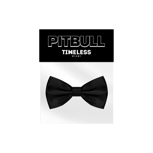 Black bow tie in packaging with 'Pitbull Timeless Miami' branding 