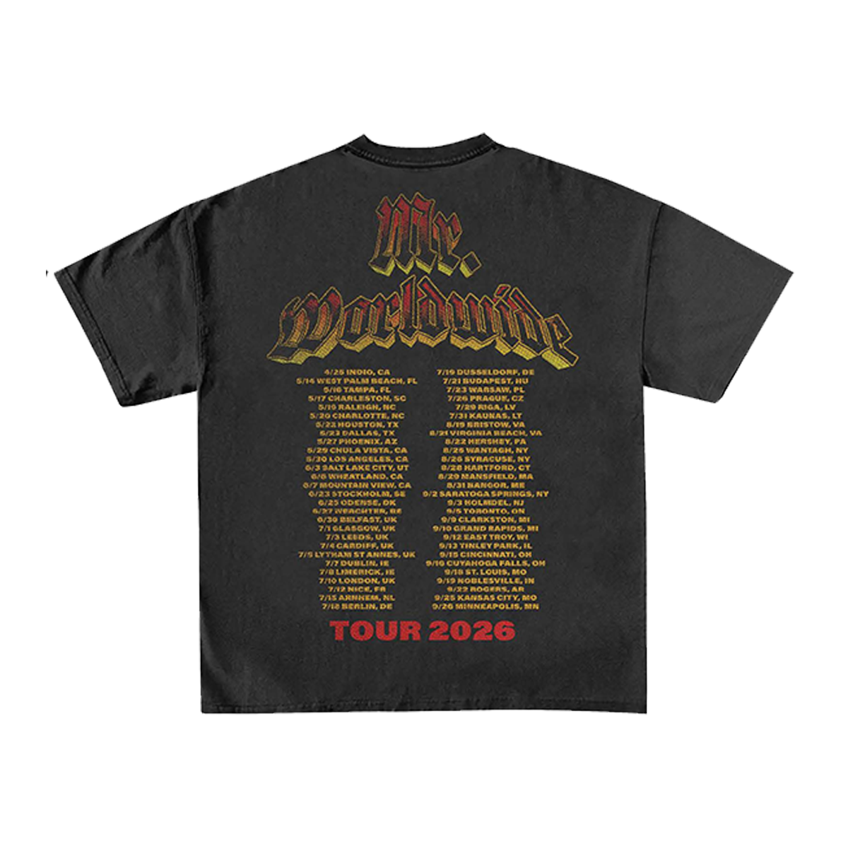 Black t-shirt with Mr. Worldwide text and 2026 tour dates