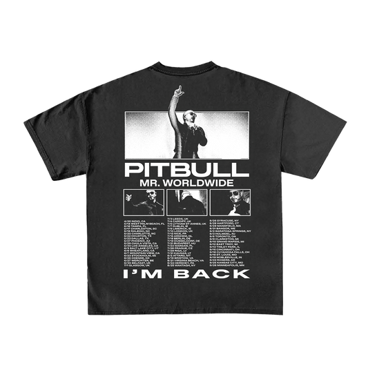 Black t-shirt with Pitbull graphic and Pitbull Mr. Worldwide I'm Back text with 2026 tour dates