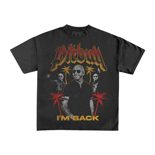 Black t-shirt with Pitbull graphic and Pitbull logo with I'm Back