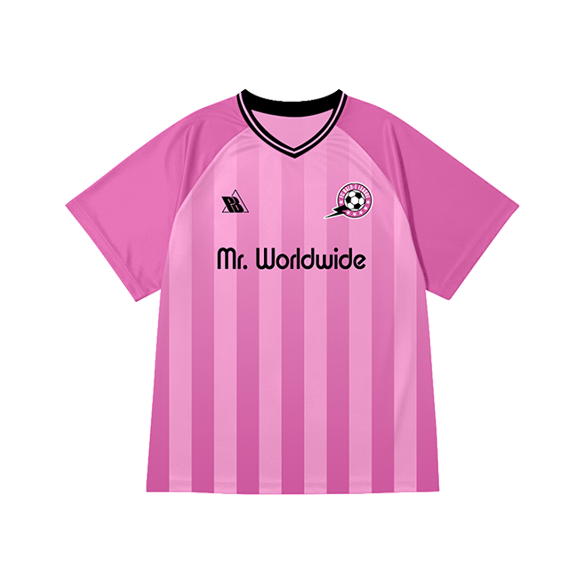 Pink sports jersey with black accents and 'Mr. Worldwide' branding