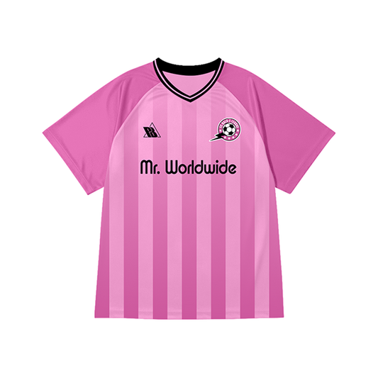 Pink sports jersey with black accents and 'Mr. Worldwide' branding