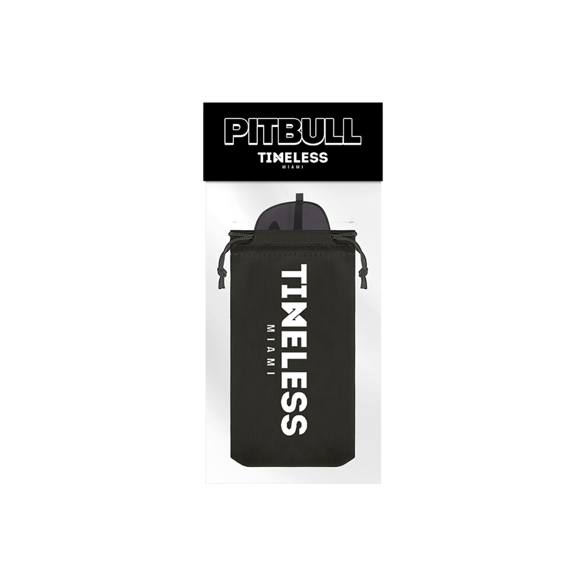 Black sunglasses case with 'Pitbull Timeless Miami' branding 