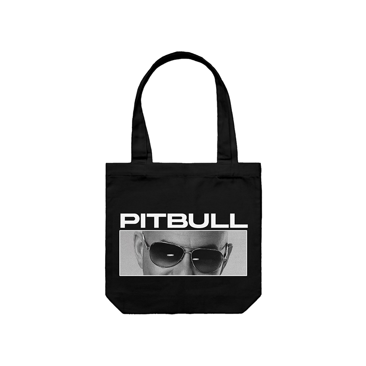 Black tote bag with a graphic of Pitbull wearing sunglasses and the word 'PITBULL'