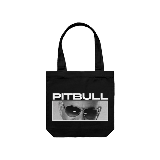 Black tote bag with a graphic of Pitbull wearing sunglasses and the word 'PITBULL'