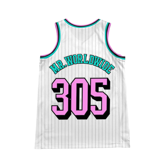 White basketball jersey with 'Mr. Worldwide' and number '305