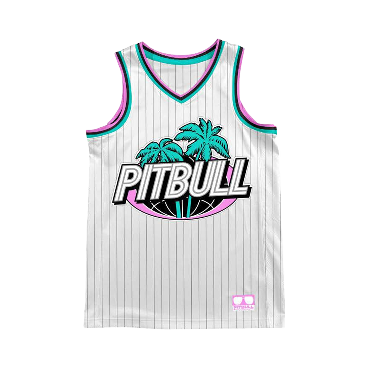 Basketball jersey with 'PITBULL' and palm tree design 