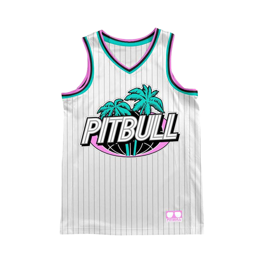 Basketball jersey with 'PITBULL' and palm tree design 