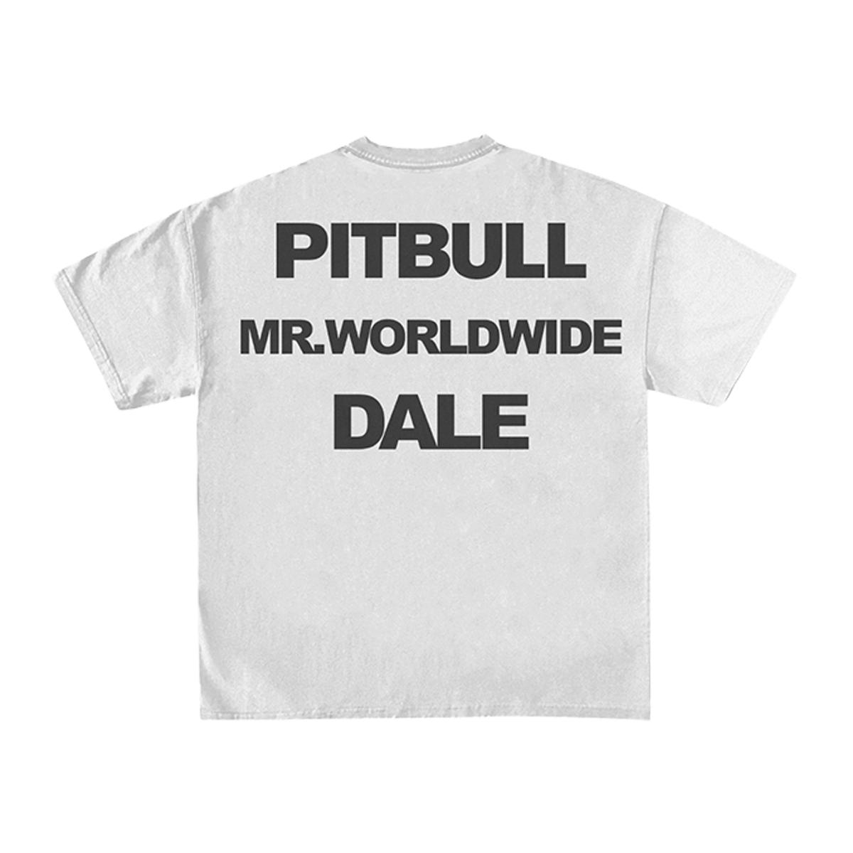 White t-shirt with PITBULL MR. WORLDWIDE DALE text in black