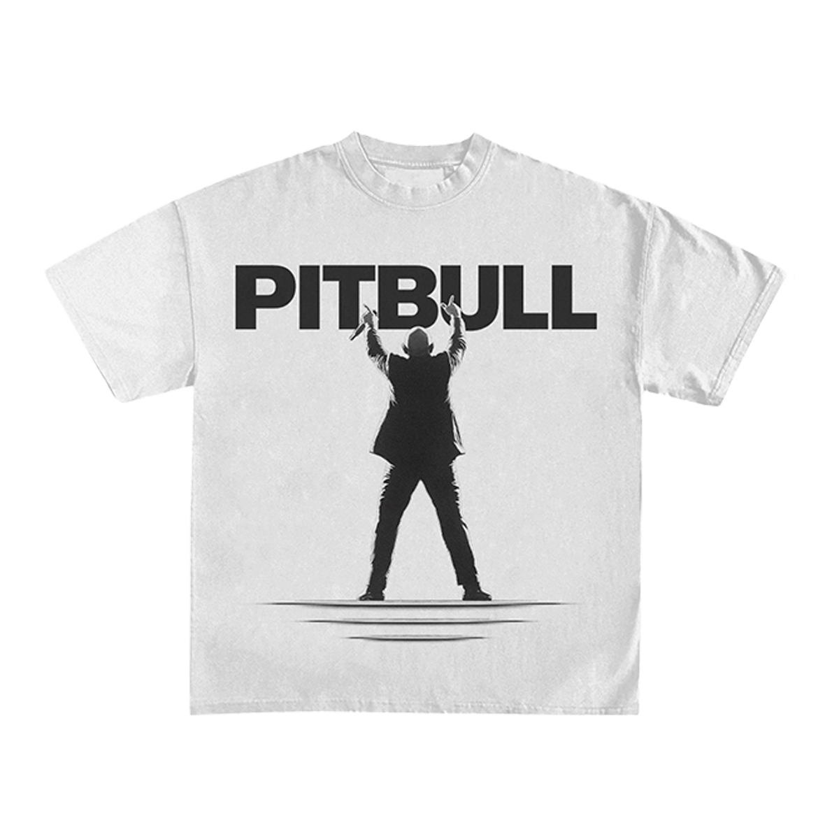 White t-shirt with 'PITBULL' text and silhouette graphic 