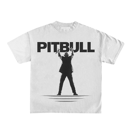 White t-shirt with 'PITBULL' text and silhouette graphic 